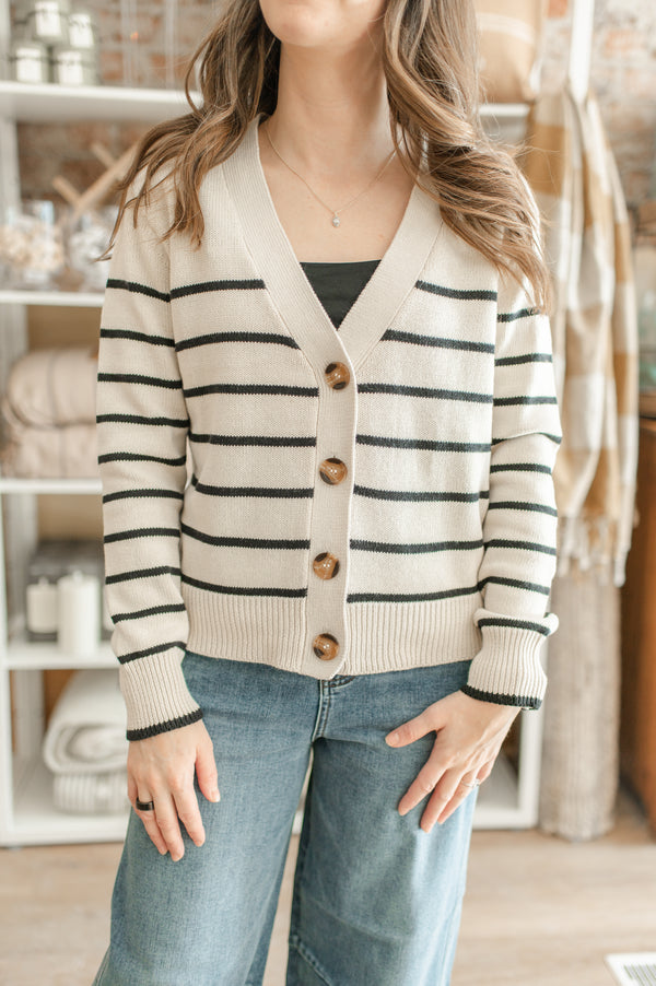 Matab Cardigan | White Beach & Black Stripe