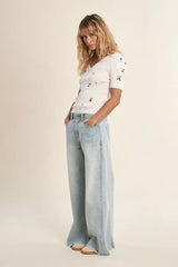 Carey Embroidered Top | Ecru