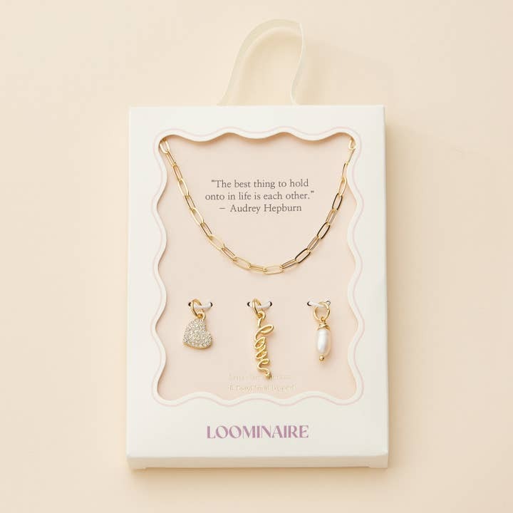 Gold Charm Necklace Set | Love, Heart, Pearl