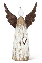 Decorative angel figurine with brown wings and a white body on a white background