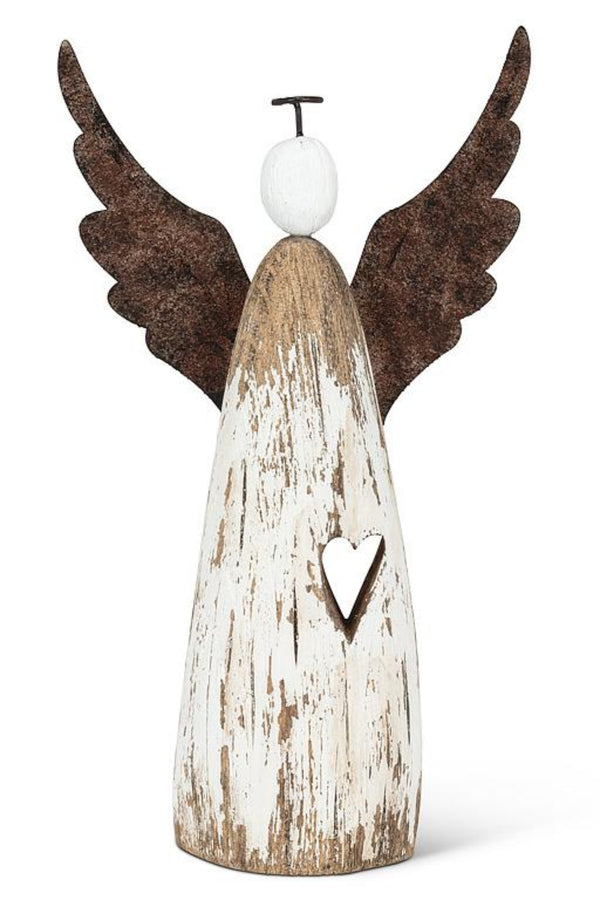 Decorative angel figurine with brown wings and a white body on a white background