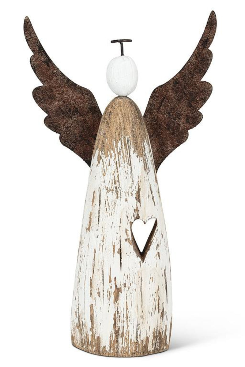 Decorative angel figurine with brown wings and a white body on a white background