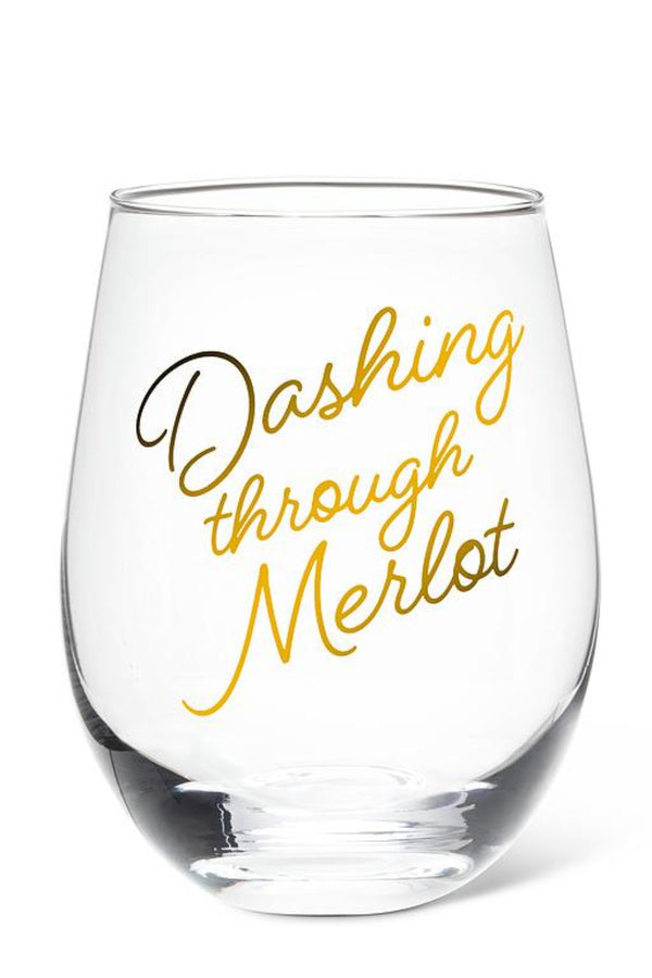 Clear wine glass with 'Dashing through Merlot' text in gold on a white background