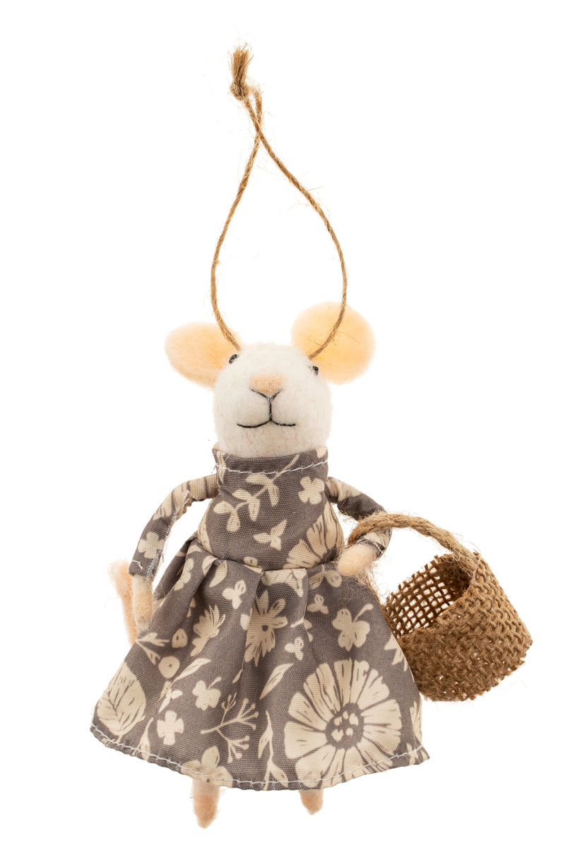 Felted white mouse figurine on a string wearing a grey and cream floral dress holding a basket, on a white background