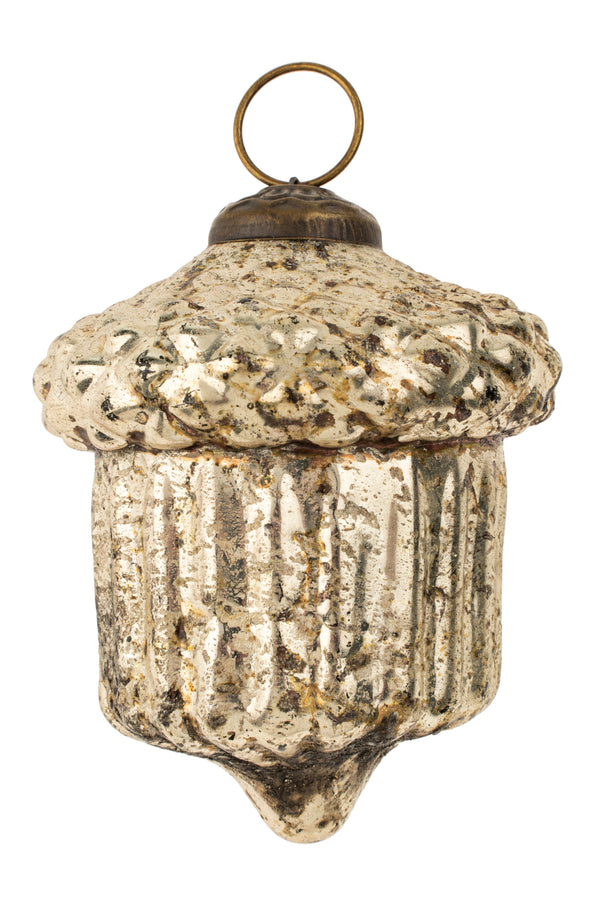 Decorative glass ornament with textured surface and gold ring on a white background