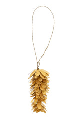 Brass hanging pinecone ornament on a white background