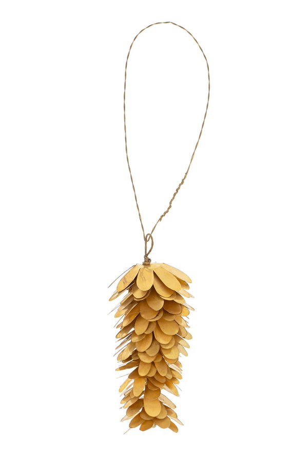 Brass hanging pinecone ornament on a white background