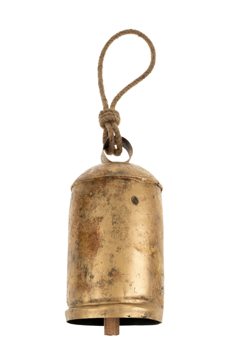 Copper bell with a rope on a white background