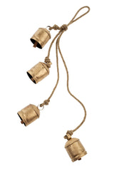 Set of four brass bells on a rope against a white background