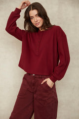 Henry Cozy Waffle Henley Top | Deep Burgundy