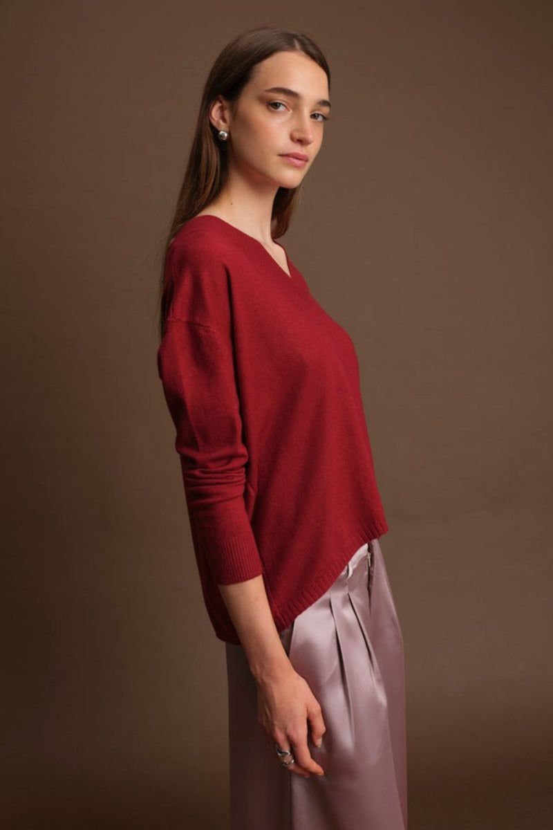 Woman wearing a red sweater and light purple pants against a brown background