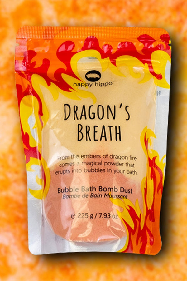 Packaging of 'Dragon's Breath' bubble bath bomb dust with fiery design on an orange background