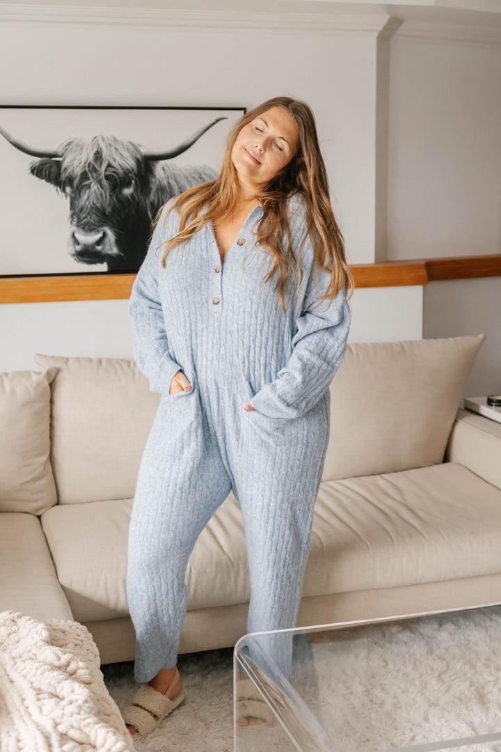 Florence Cable Knit Romper | Blue