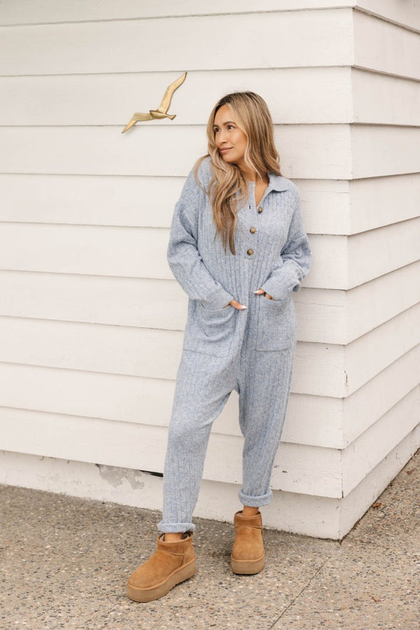 Florence Cable Knit Romper | Blue