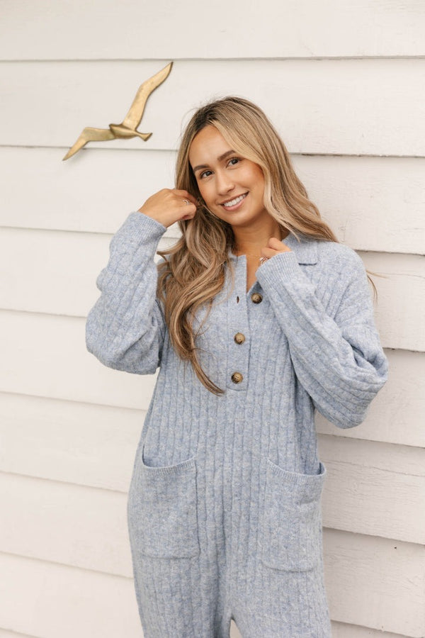 Florence Cable Knit Romper | Blue