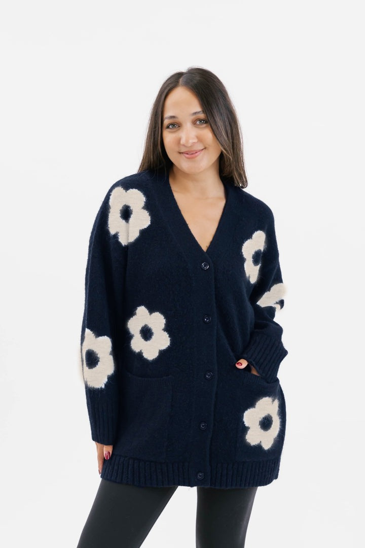 Flora Cardigan | Navy Oatmeal Combo