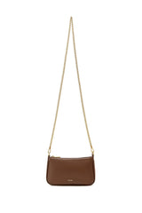 Brown handbag with a gold chain strap on a white background
