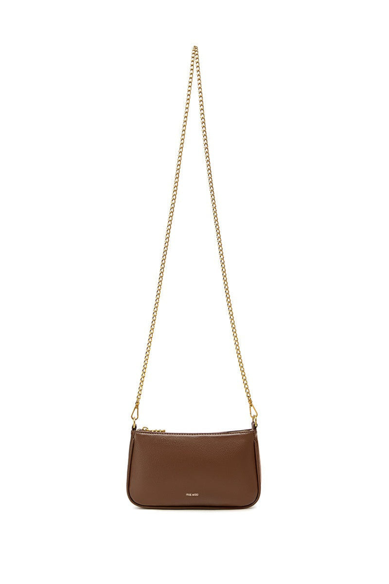 Brown handbag with a gold chain strap on a white background