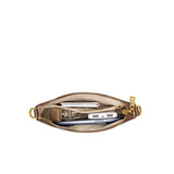 Open beige pouch with gold zipper containing electronic devices on a white background