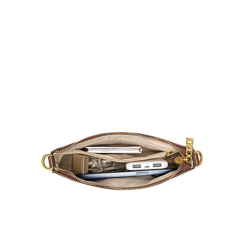 Open beige pouch with gold zipper containing electronic devices on a white background