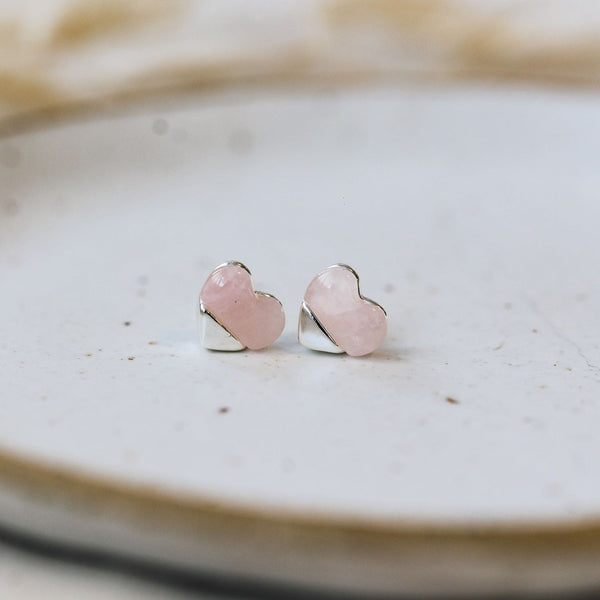 Full Heart Studs | Silver/Rose Quartz