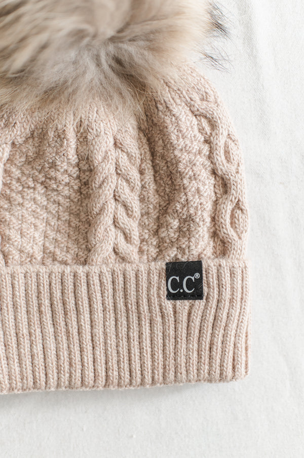 Black Label Fur Pom Beanie | Beige - FINAL SALE