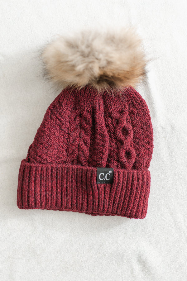 Black Label Fur Pom Beanie | Burgundy