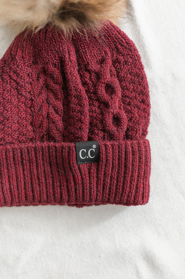 Black Label Fur Pom Beanie | Burgundy - FINAL SALE