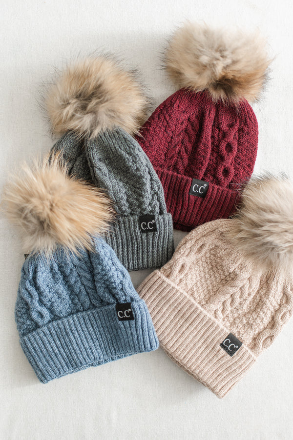 Black Label Fur Pom Beanie | Beige - FINAL SALE