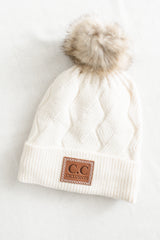 Geometric Faux Fur Pom Beanie | Cream