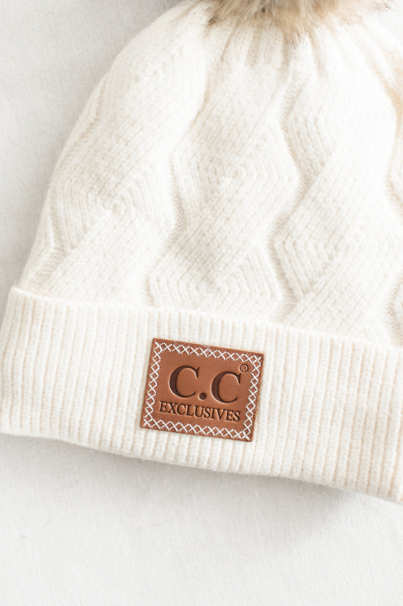 Geometric Faux Fur Pom Beanie | Cream