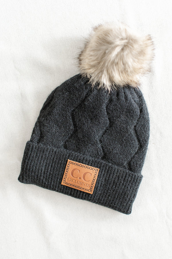 Geometric Faux Fur Pom Beanie | Black