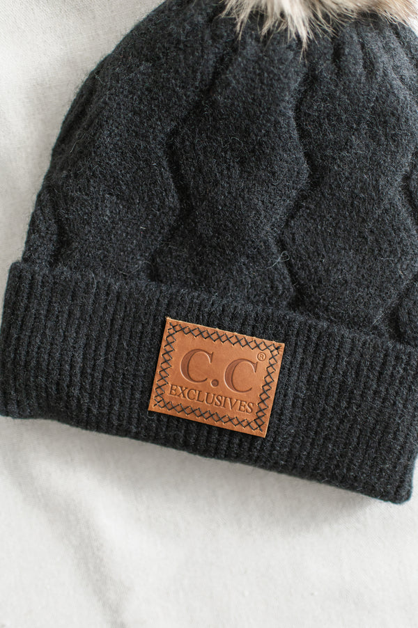 Geometric Faux Fur Pom Beanie | Black