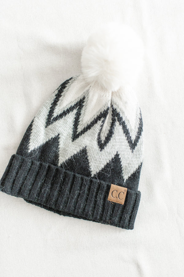 Chevron Faux Fur Pom Beanie | Black - FINAL SALE