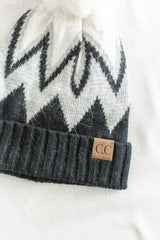 Chevron Faux Fur Pom Beanie | Black