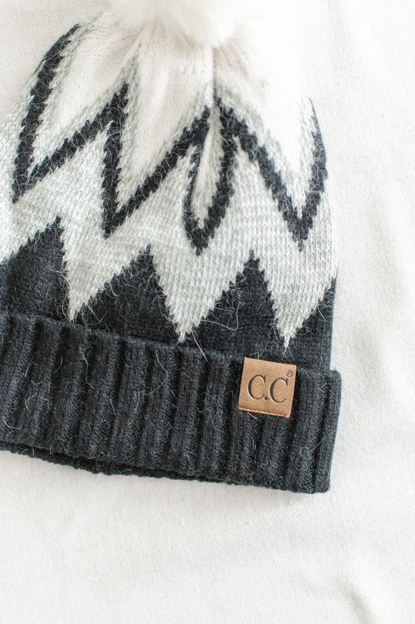 Chevron Faux Fur Pom Beanie | Black - FINAL SALE