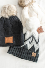 Geometric Faux Fur Pom Beanie | Cream