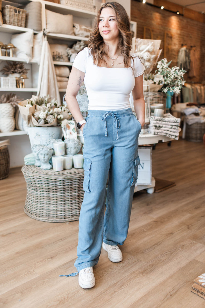 Stacia Cargo Pants | Mid Blue Denim - FINAL SALE