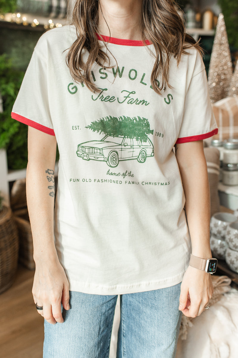 Griswold's Tree Farm Ringer Tee | Natural/Red