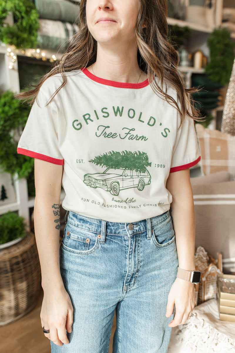 Griswold's Tree Farm Ringer Tee | Natural/Red