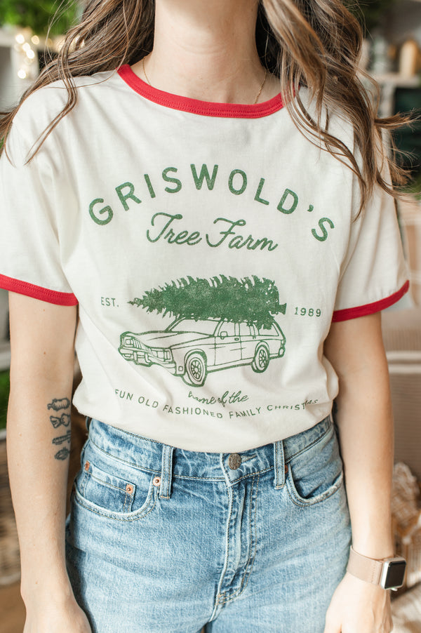 Griswold's Tree Farm Ringer Tee | Natural/Red