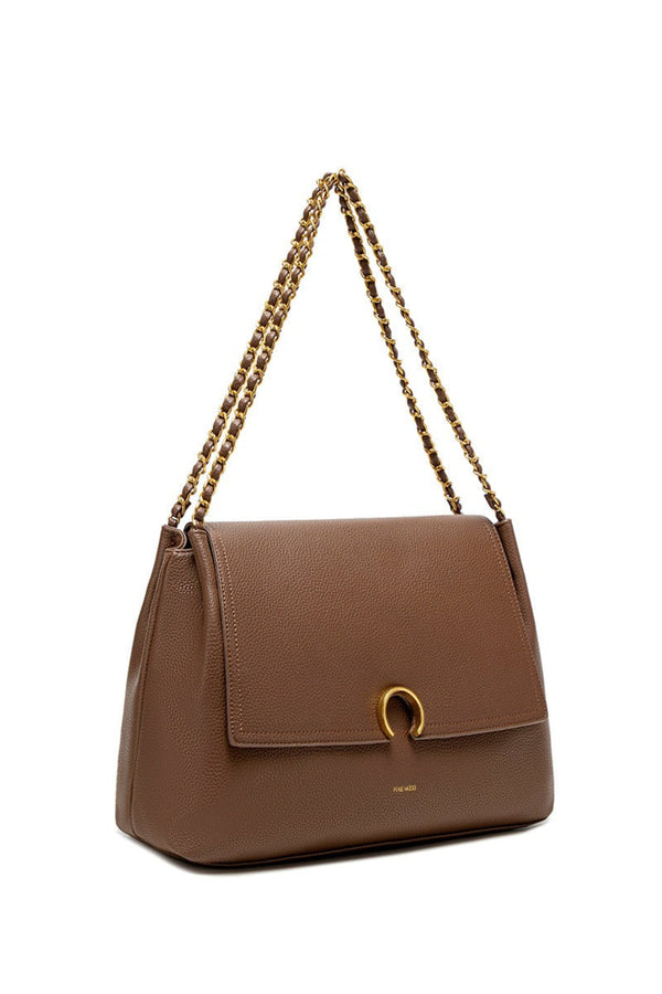 Brown handbag with gold chain strap on a white background