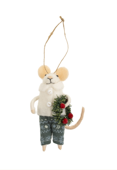 Felt mouse ornament hanging from a string wearing a white shirt and  a wreath on a white background