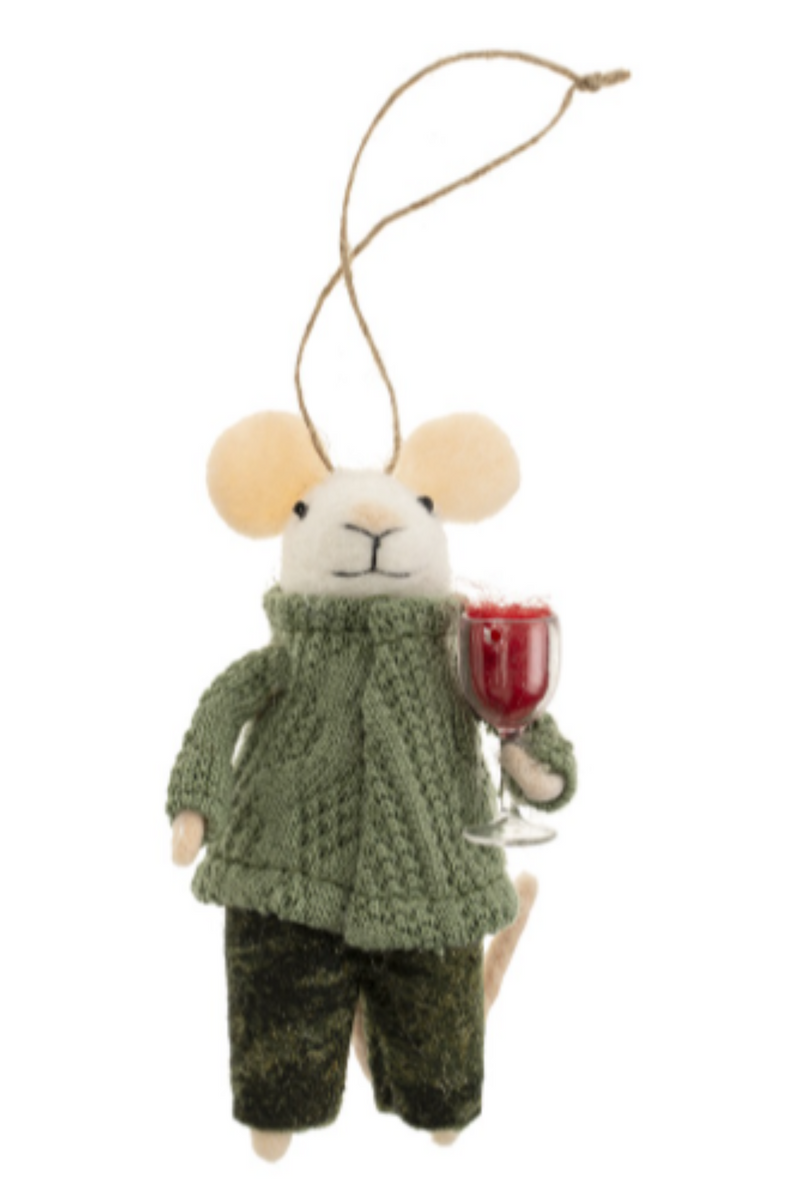 Felt mouse ornament hanging from a string wearing a green sweater holding a red wine glass on a white background