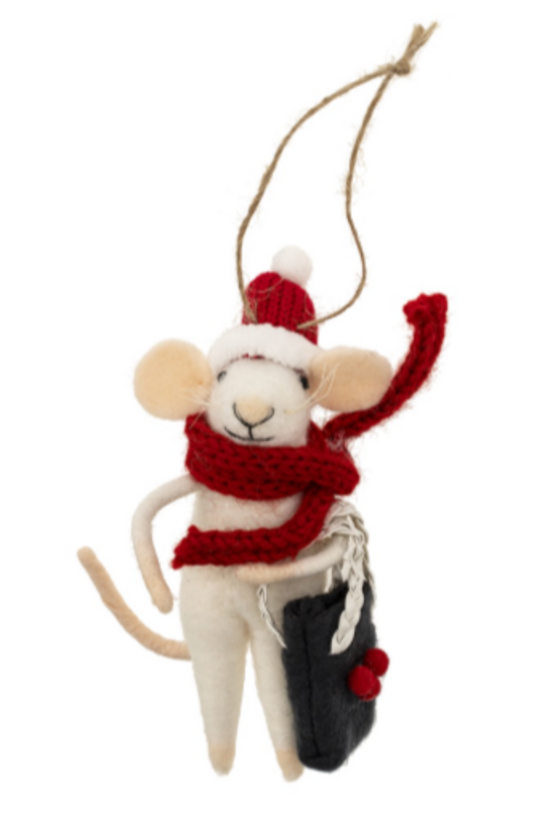 Felted white mouse figurine on a string wearing a red scarf and Santa hat, carrying a black bag against a white background