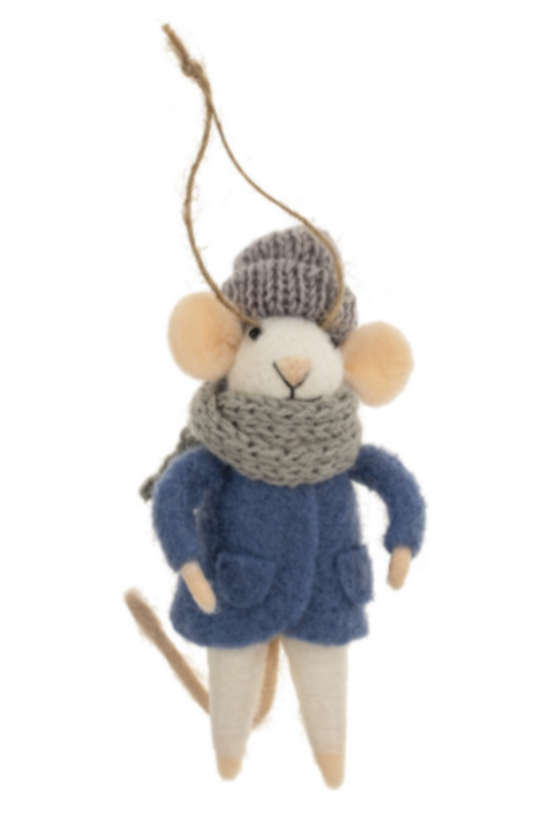 Felted white mouse figurine on a string wearing a blue coat and gray hat and scarf on a white background