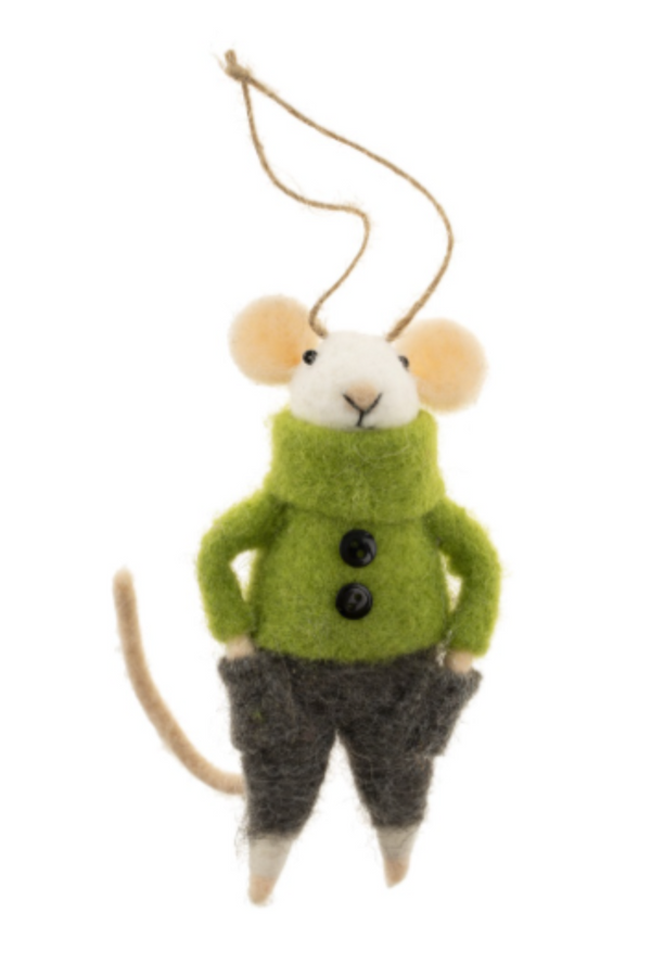 Felted mouse ornament wearing a green sweater and gray pants on a white background