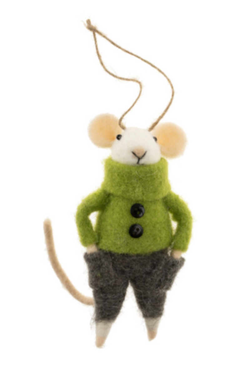 Felted mouse ornament wearing a green sweater and gray pants on a white background