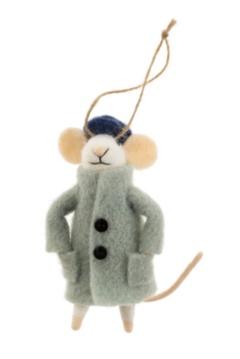 Felted white mouse figurine on a string wearing a grey coat and blue hat on a white background