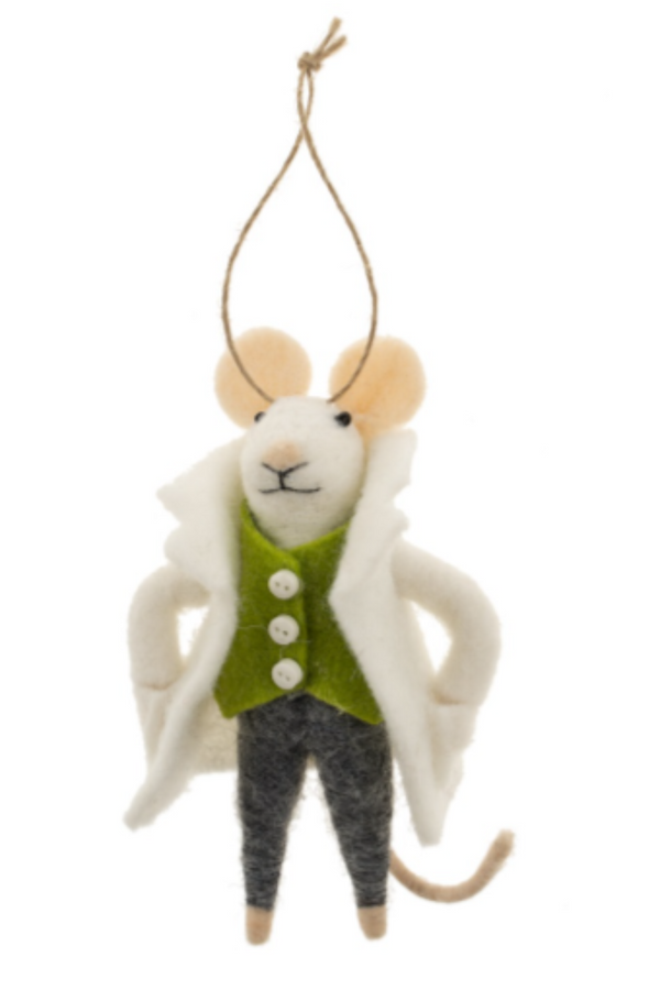Felted white mouse figurine on a string wearing white jacket, grey pants and a green vest with buttons against a white background